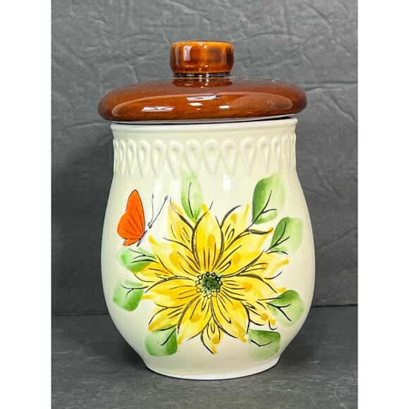 Vintage Sheffield Lidded Jar Sarasota Yellow Orange Floral Daisy Butterfly 70s - Picture 1 of 9